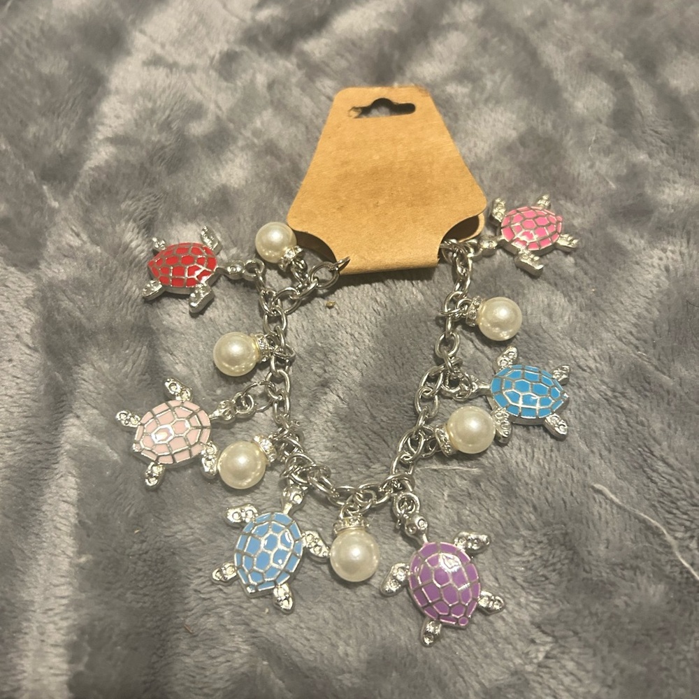 Colorful Turtle Charm Bracelet with Pearls